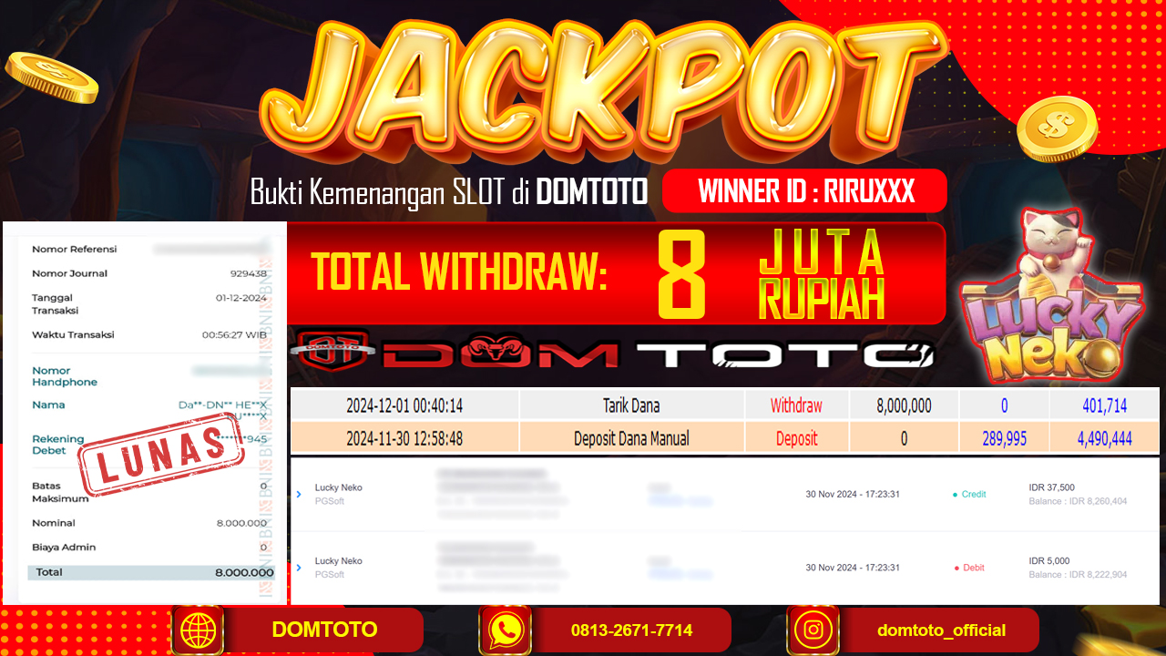JACKPOT  SLOT LUCKY NEKO 01 DESEMBER 2024